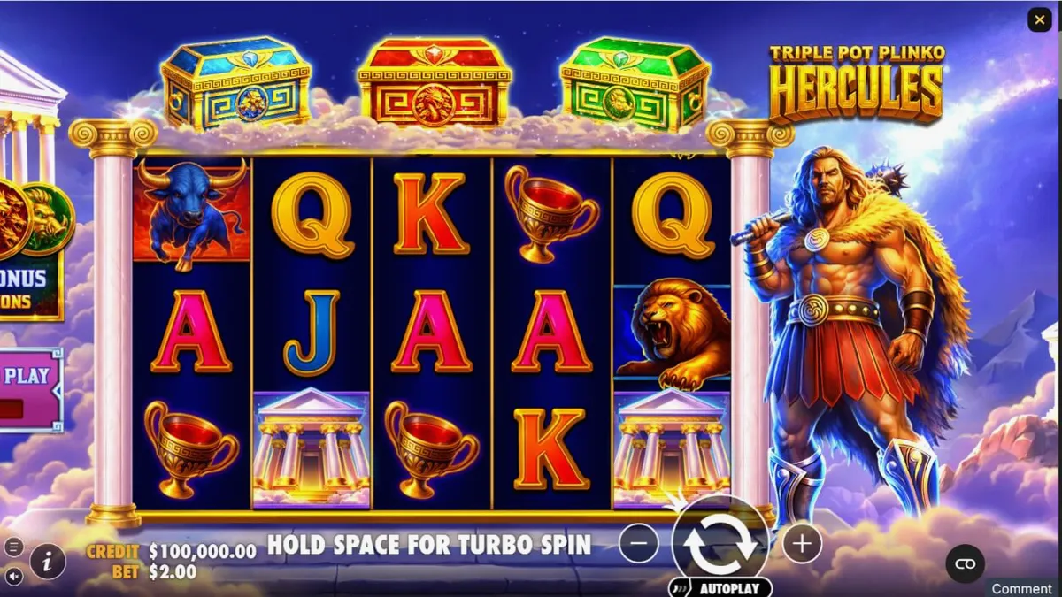 Tampilan visual slot Triple Pot Plinko – Hercules dengan latar belakang Gunung Olympus
