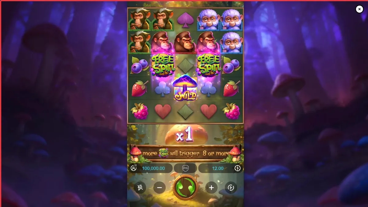 Tampilan visual slot Monkeys Wild Party dengan tema hutan neon